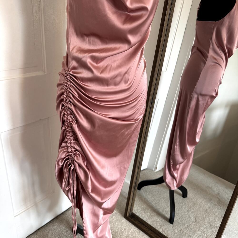 Satin Silky Dusty Rose Midi Dress with Side Ruching Women's Size Medium - Picture 3 of 5